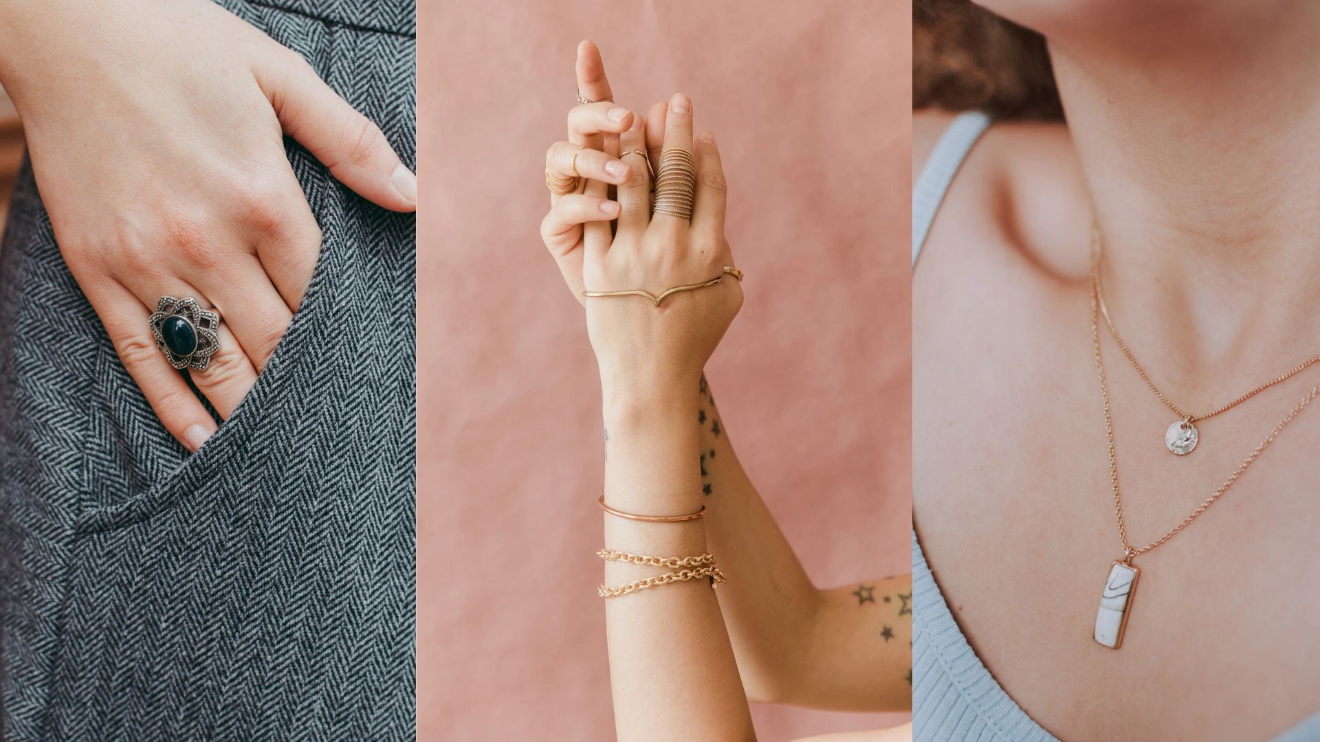 Editorial collage featuring elegant rings, bracelets, and layered necklaces styled on modern women showcasing minimal luxury jewellery and everyday elegance by ANKKSHMI.