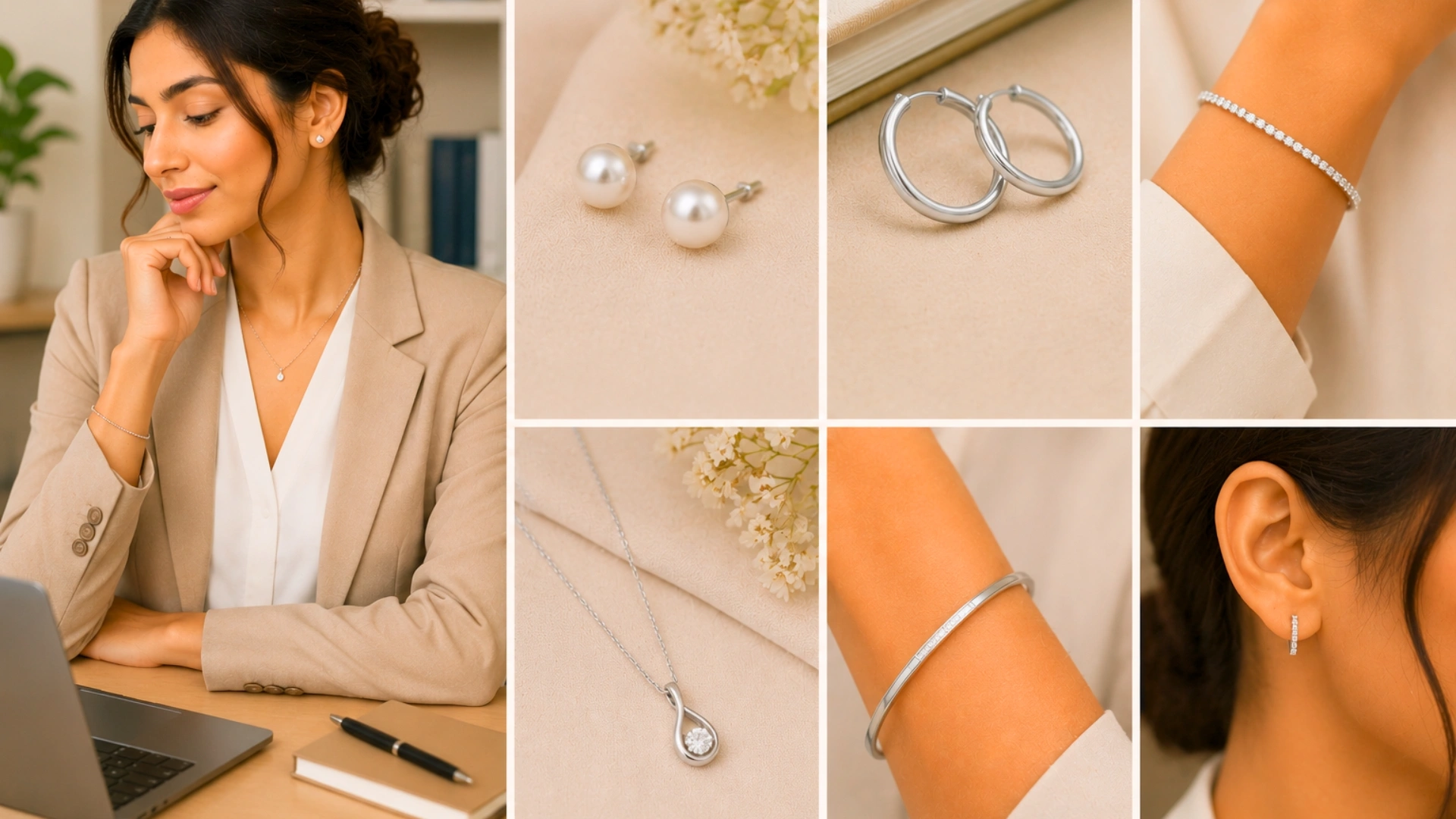 Office wear jewellery styling featuring pearl studs, silver hoop earrings, rhodium-plated pendant necklace, minimal bracelet, and elegant workwear accessories for women.