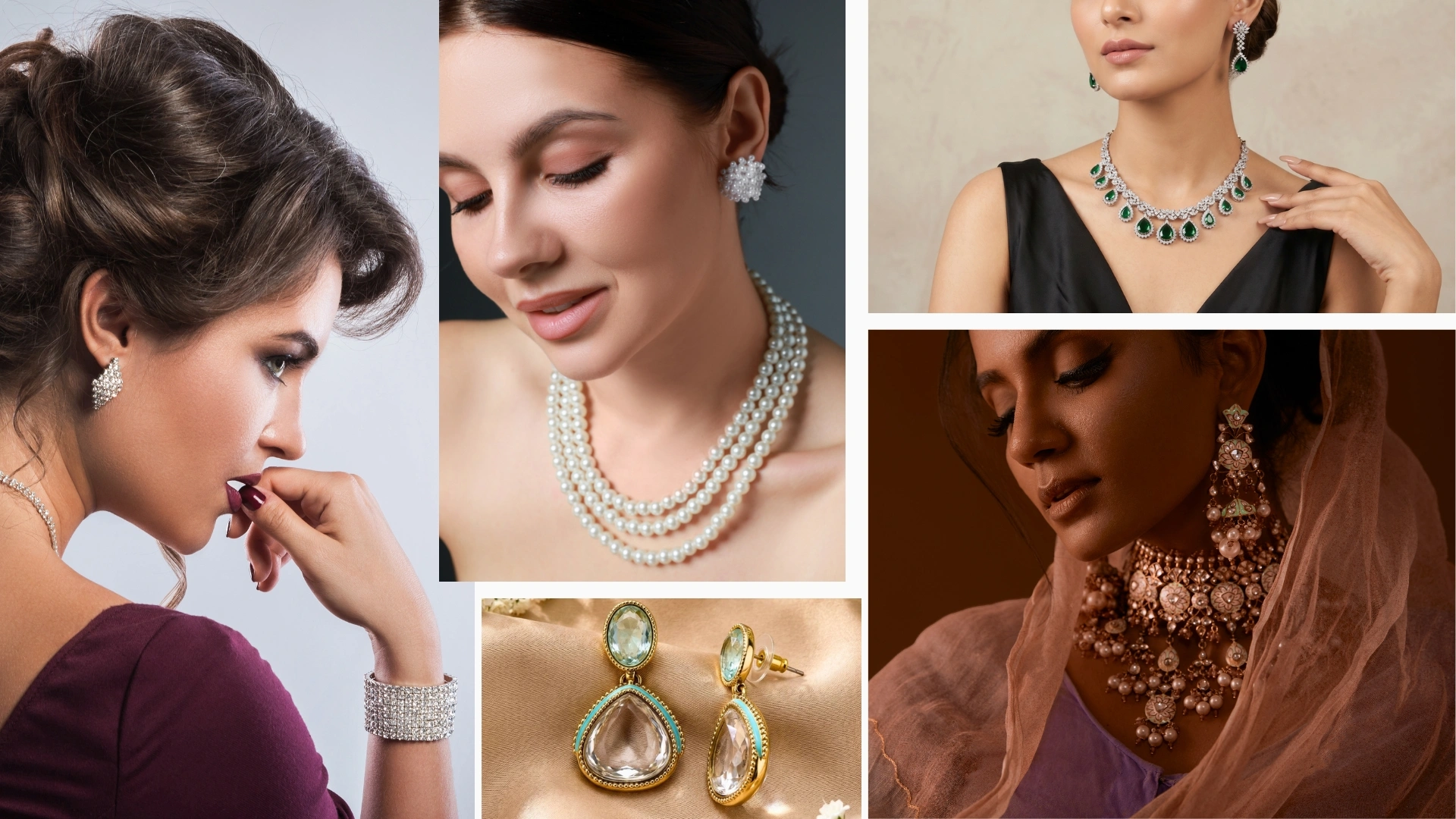 Festive jewellery styling inspiration featuring pearl necklaces, statement earrings, kundan jewellery, bridal accessories, and elegant traditional jewellery for women.