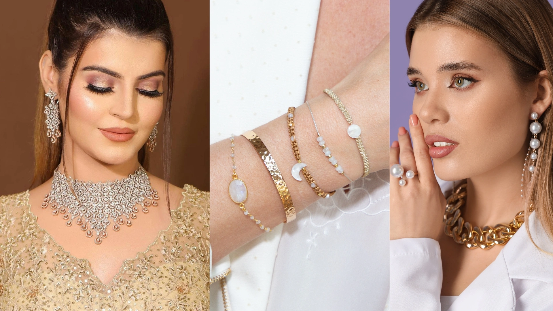 Luxury wedding jewellery and party wear accessories showcasing statement necklaces, elegant earrings, layered bracelets, and premium fashion jewellery.