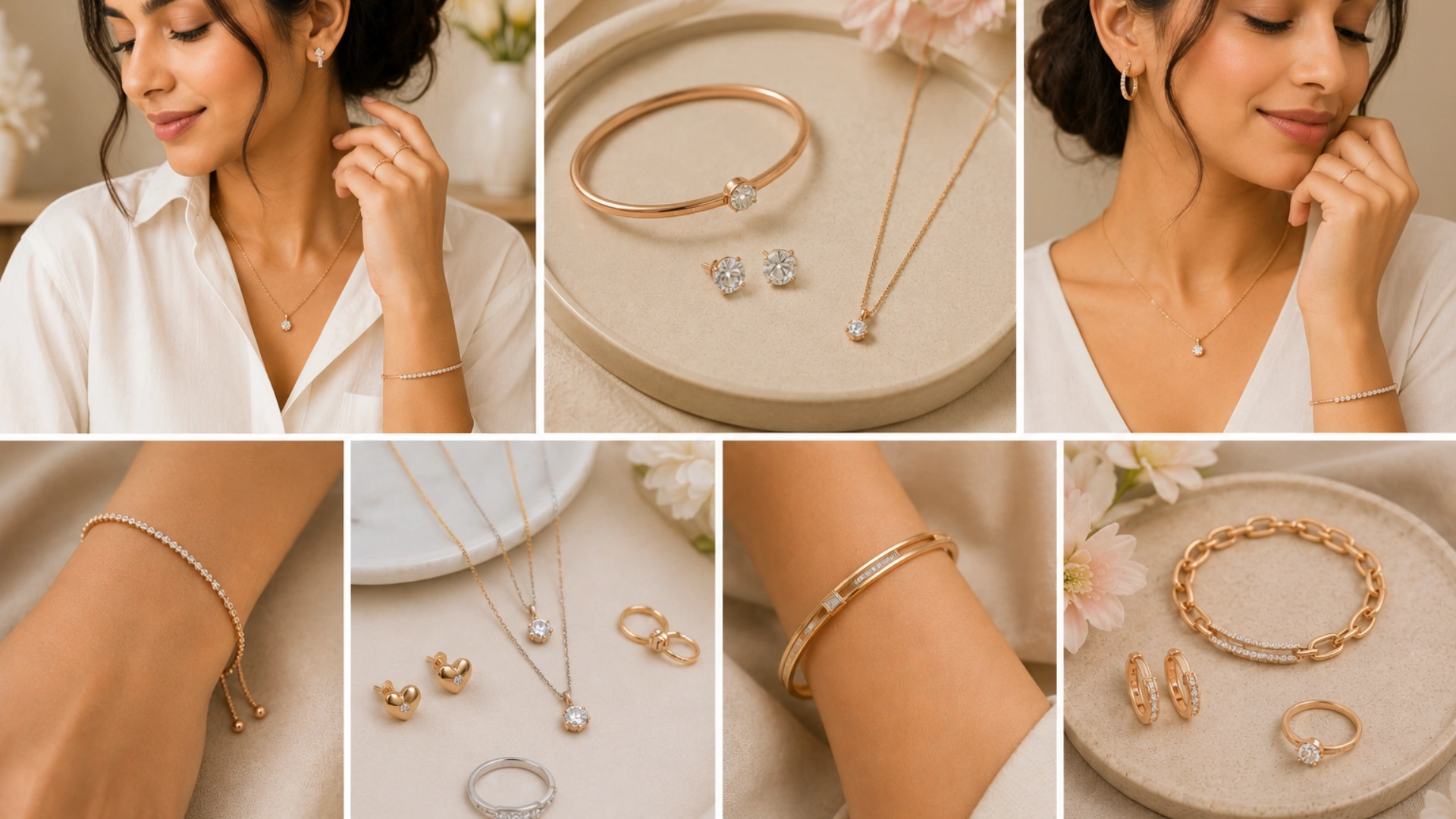Minimal jewellery collection featuring delicate necklaces, stud earrings, elegant bracelets, stackable rings, and gold-plated everyday accessories for women.