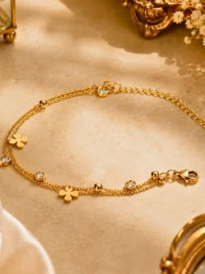 18k Gold Plated Floral Charm Layered Adjustable Bracelet