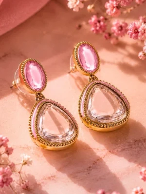 Gold Plated Pachi Kundan Pink Enamel Dangler Earrings