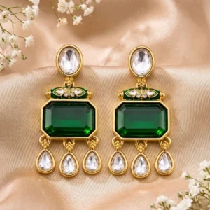 Gold Plated Pachi Kundan Green Stone Dangler Earrings