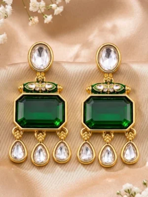 Gold Plated Pachi Kundan Green Stone Dangler Earrings