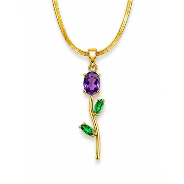 Gold floral pendant necklace with purple and green gemstone accents on a white background