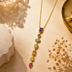 Gold-plated multi-gemstone pendant necklace featuring colorful geometric stones on a delicate chain