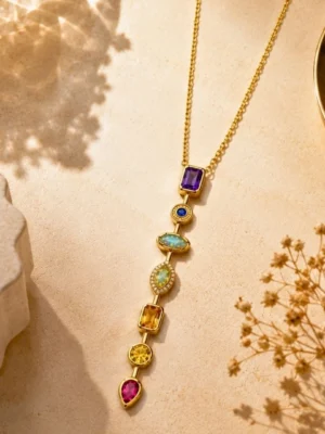 Aurora Gems Vertical Pendant Necklace Gold-plated multi-gemstone pendant necklace featuring colorful geometric stones on a delicate chain
