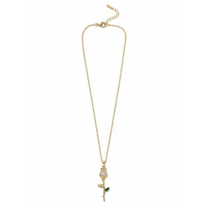 Gold-plated rose pendant necklace with crystal flower and green leaf accents on a delicate chain