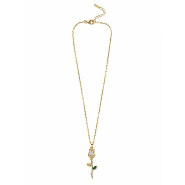 Gold-plated rose pendant necklace with crystal flower and green leaf accents on a delicate chain