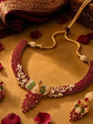 Peacock Kundan & Ruby Stone Bridal Necklace Set with Matching Earrings Premium Kundan peacock necklace set with ruby red and green stones, featuring matching earrings and intricate traditional craftsmanship