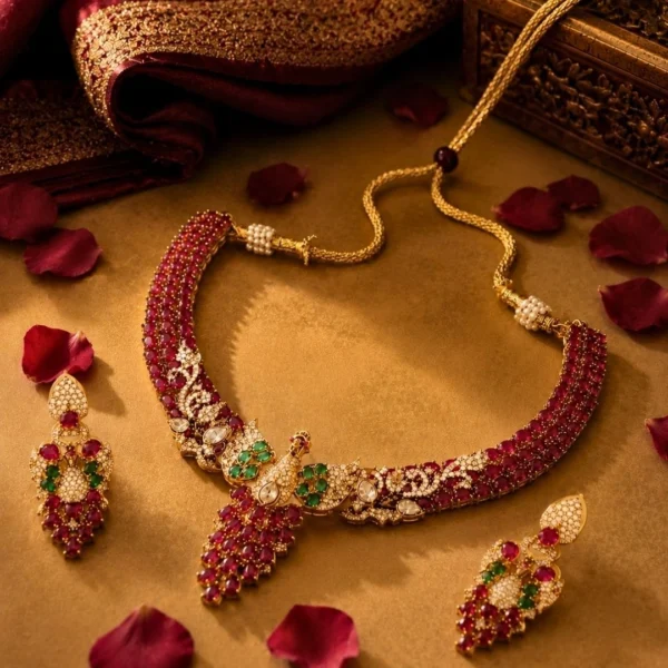 Premium Kundan peacock necklace set with ruby red and green stones, featuring matching earrings and intricate traditional craftsmanship