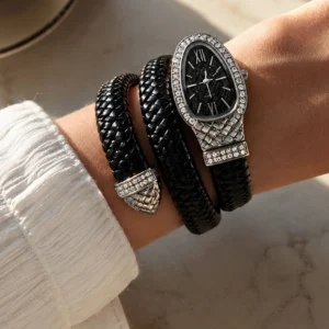 Silver Finish Braided Black Spiral Watch