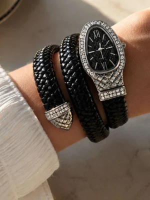 Silver Finish Braided Black Spiral Watch