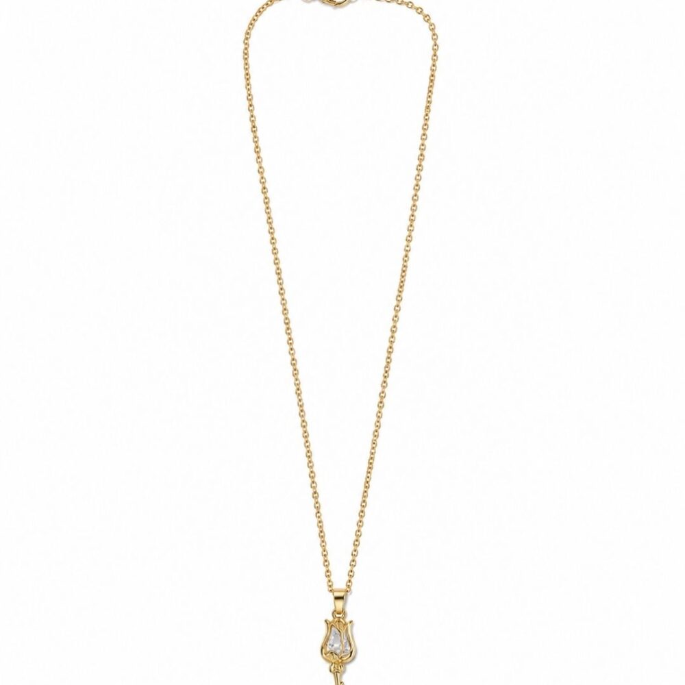 18K gold-plated rose pendant necklace with crystal flower and green gemstone leaves for women