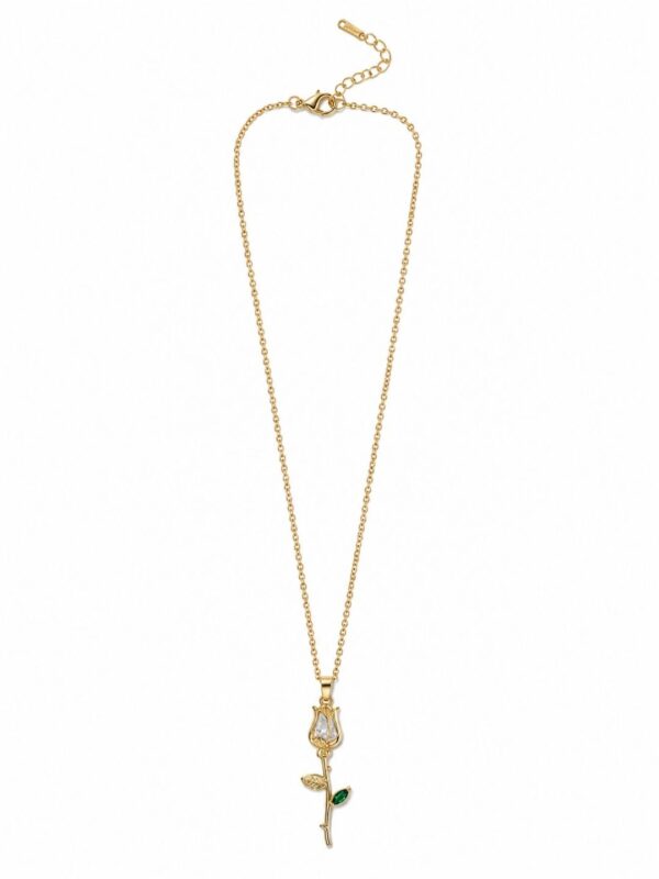 18K gold-plated rose pendant necklace with crystal flower and green gemstone leaves for women