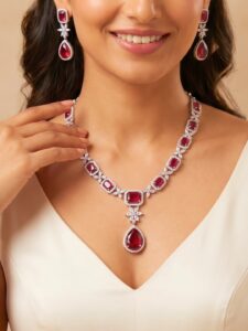Rhodium Plated Ruby Zircon Necklace Set