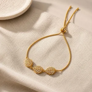 18K Gold Plated CZ Leaf Charm Adjustable Bracelet
