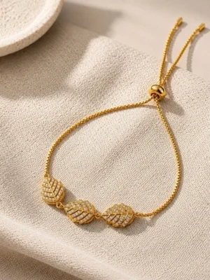 18K Gold Plated CZ Leaf Charm Adjustable Bracelet