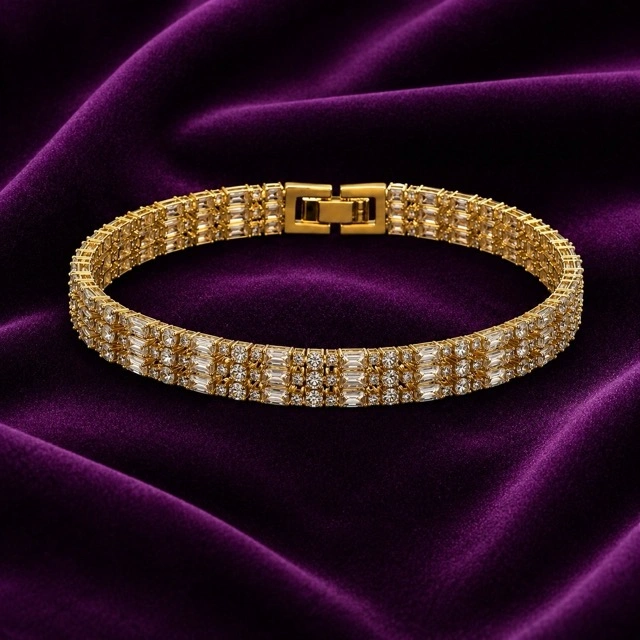 18K Gold Plated Triple Row Baguette CZ Tennis Bracelet