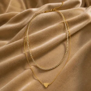 18K Gold Plated Double Layer AD Heart Necklace