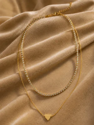 18K Gold Plated Double Layer AD Heart Necklace