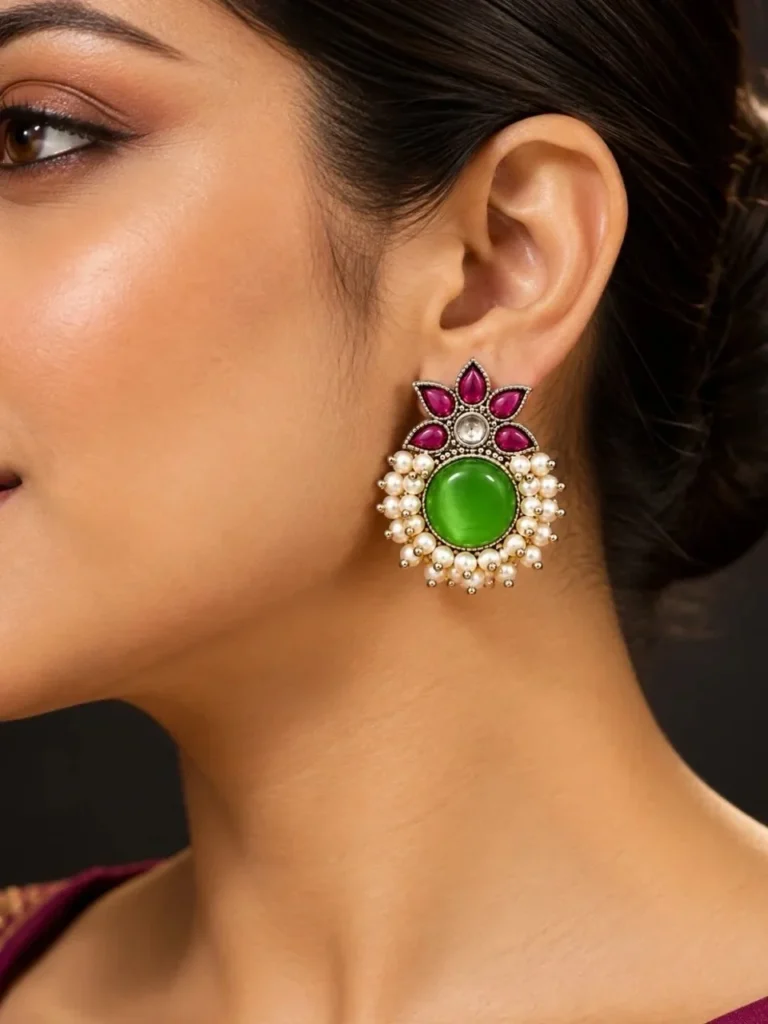 Floral Green Monalisa Stone Pearl Stud Earrings