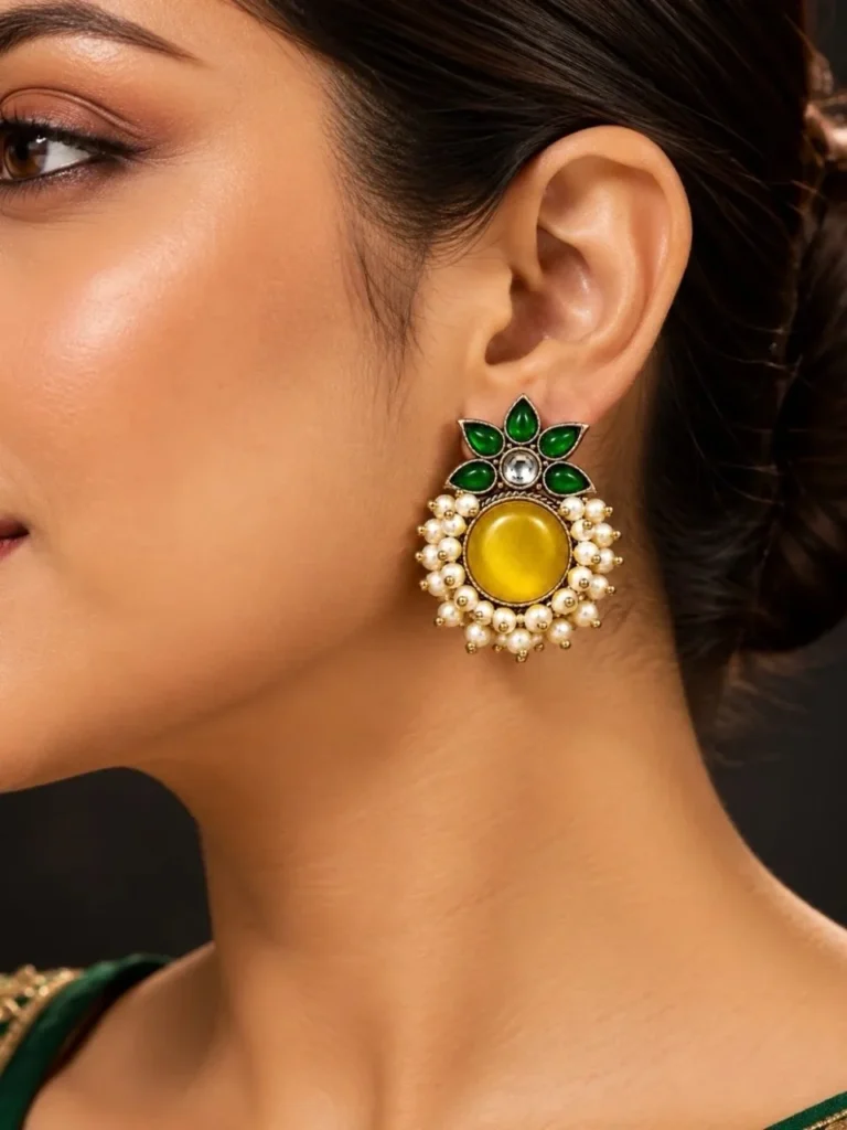 Floral Yellow Monalisa Stone Pearl Stud Earrings