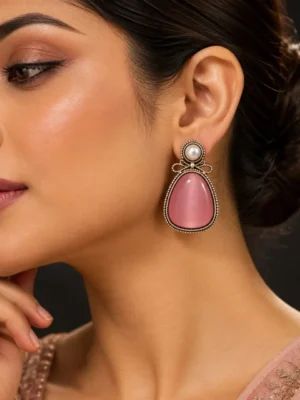 Bow-Detail Pink Monalisa Stone Pearl Earrings