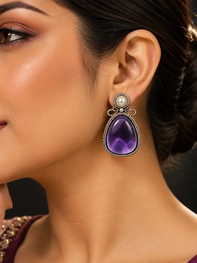 Bow-Detail Purple Monalisa Stone Pearl Earrings