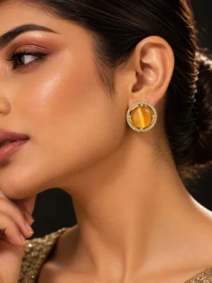 Round Peach Stone AD Statement Stud Earrings